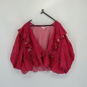 Rhode Voluminous Puff Sleeve Ruffled Retro Print Elodie Top In Red Trail